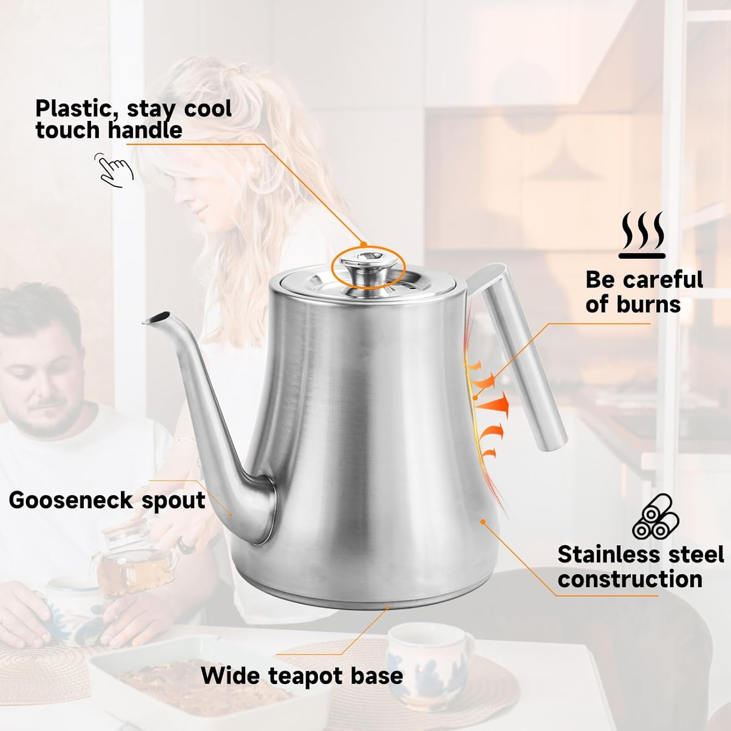 68 oz. Stainless Steel Teapot with Removable Infuser, Stovetop Safe Tea Maker Water Kettle for Loose Leaf & Tea Bags, Silver