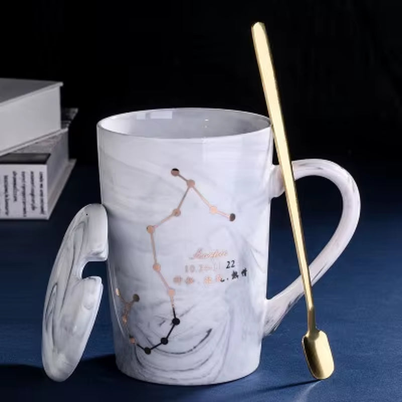 380ML Natural Marble 12 Constellation Ceramic Pink Zodiac Mug with Lid