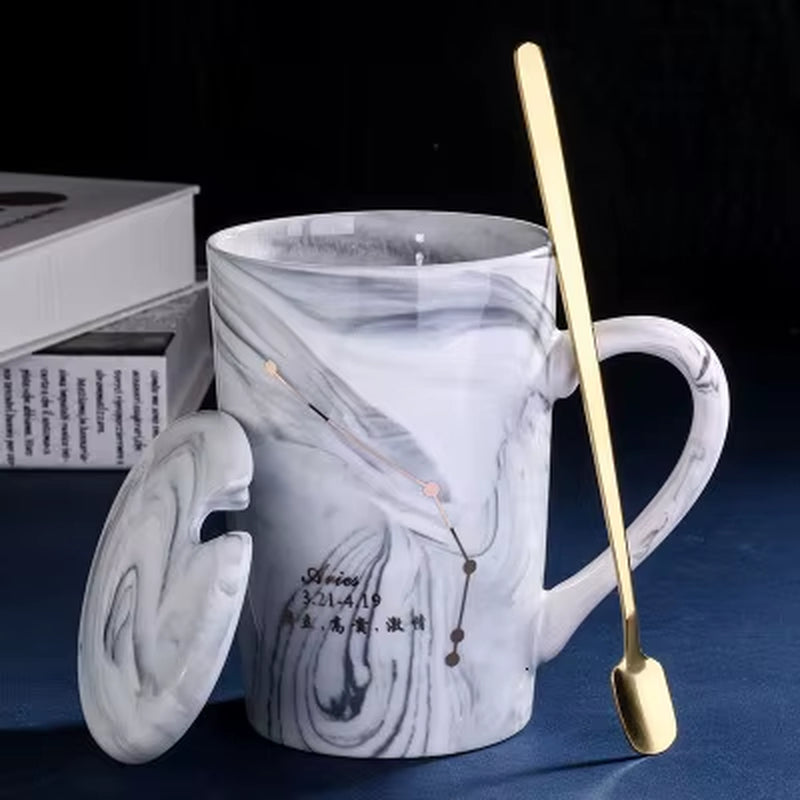 380ML Natural Marble 12 Constellation Ceramic Pink Zodiac Mug with Lid