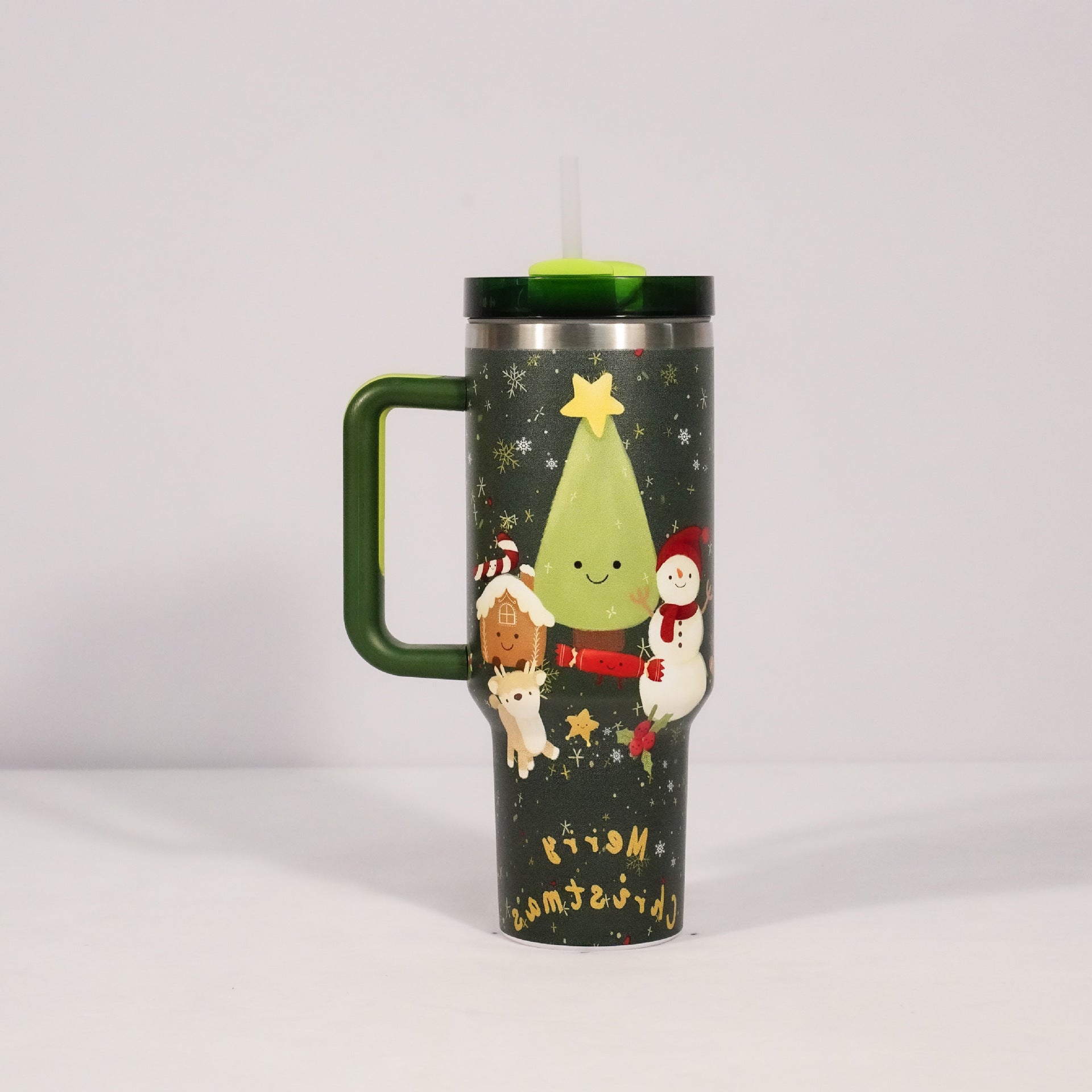 Christmas Stainless Steel Tumbler with Handle, Lid & Straw