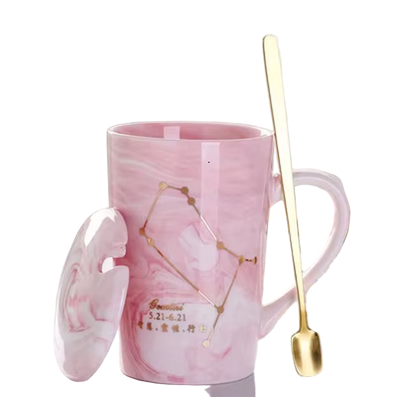 380ML Natural Marble 12 Constellation Ceramic Pink Zodiac Mug with Lid