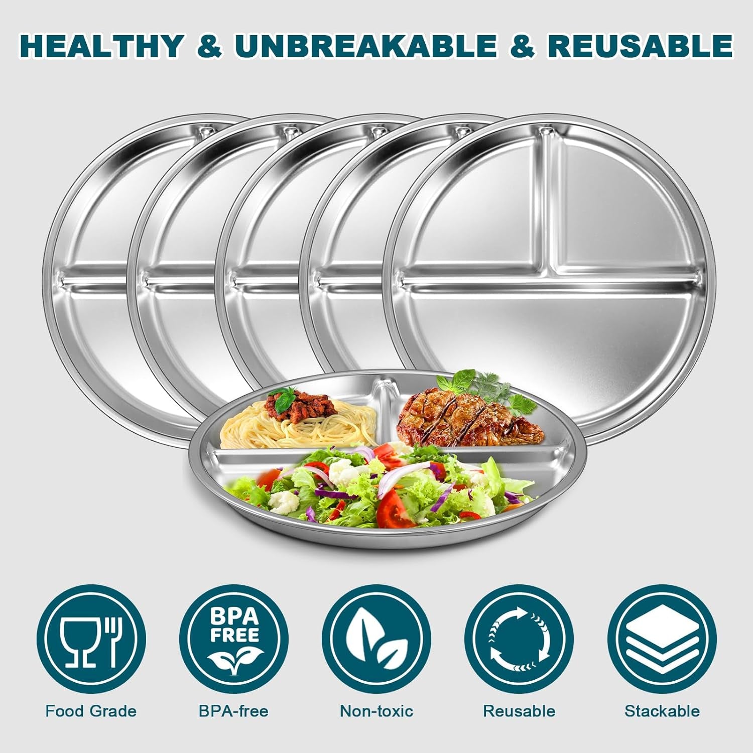 Stainless Steel Toddler Plate Set of 6, 9" Portion Control Plates Divided Plate, Non Slip and Dishwasher Safe