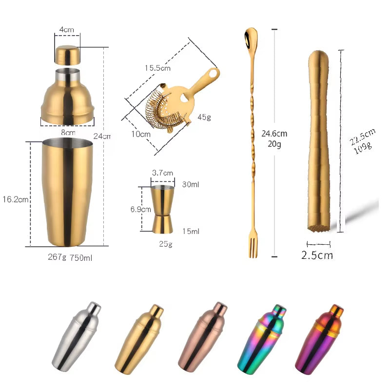 750ML Stainless Steel Boston Cocktail Set Shaker Wine Pourers Gold Bar Tool Set with Strainer Measure Cup Bartender