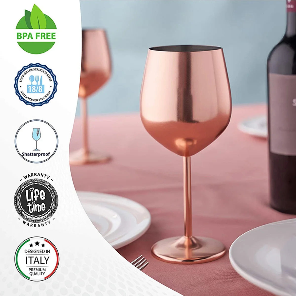 18 Oz Stainless Steel Wine Glasses, Unbreakable Wine Goblets, Rose Gold, 2 Pack