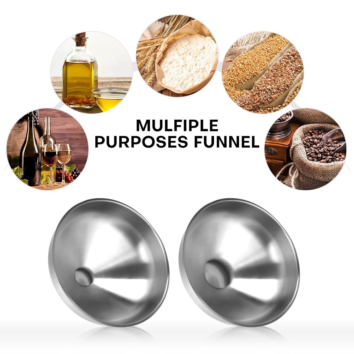 2-Piece Stainless Steel Kitchen Funnel Set with 1-Inch and 0.5-Inch Ports for Transferring and Filling Liquids