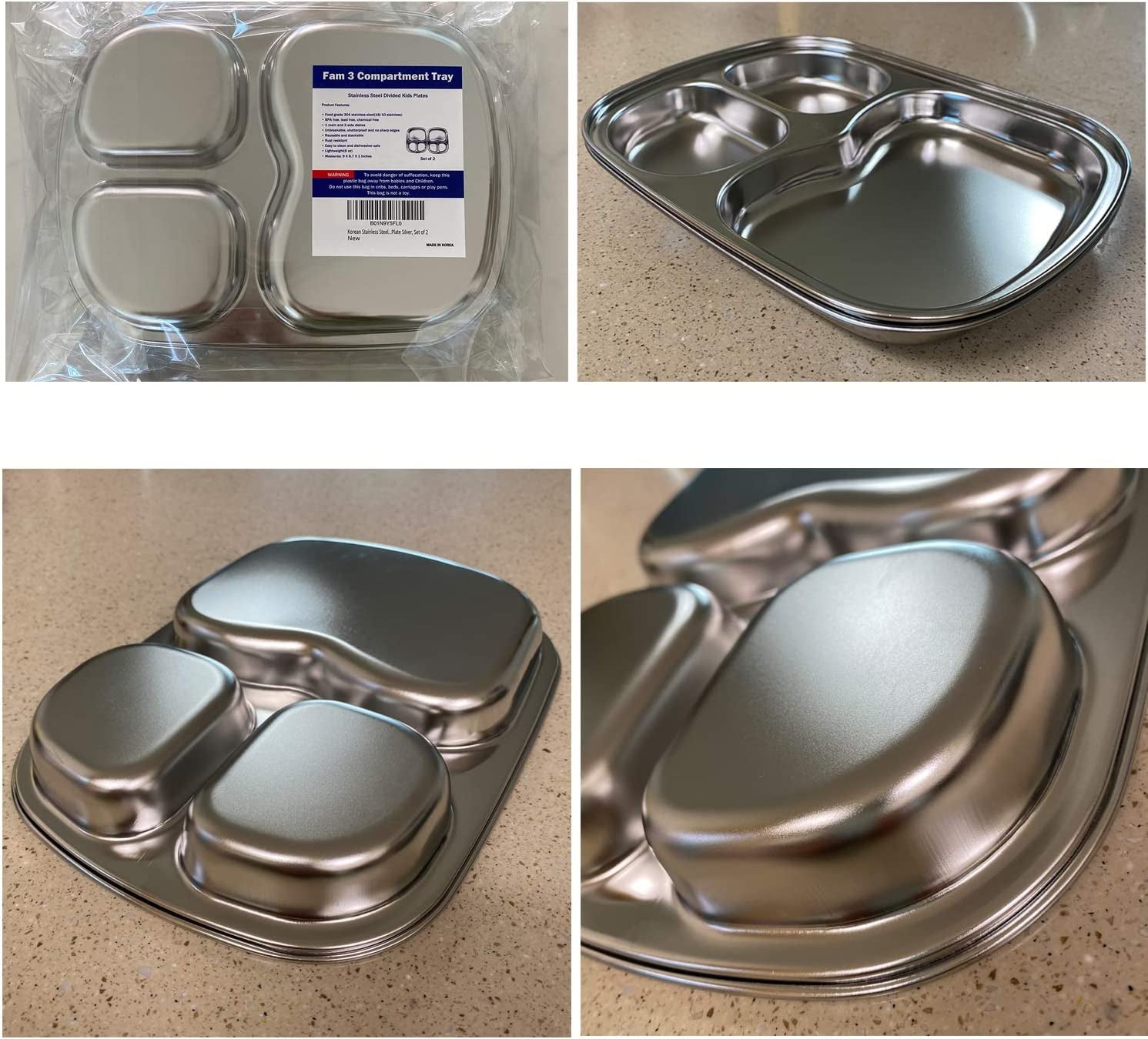 Korean 3 Compartment Stainless Steel Divided Plates, BPA Free, Set of 2