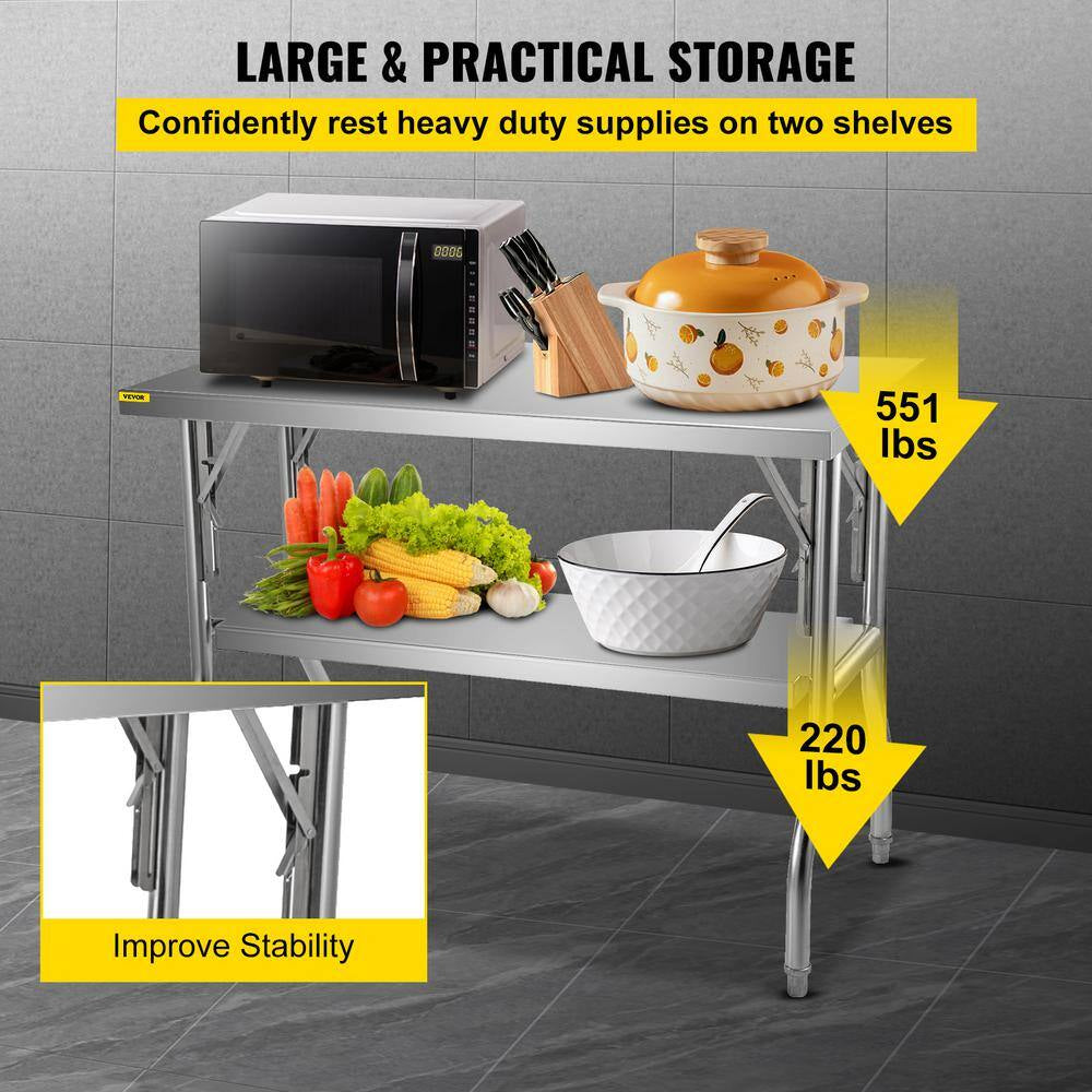 Commercial Worktable Workstation 48 X 30 In. Double-Shelf Folding Stainless Steel Kitchen Utility Table