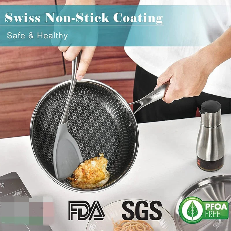 Stainless Steel Frying Pan Nonstick Honeycomb with Lid Induction Ceramic Electric Gas Cooktops Compatible