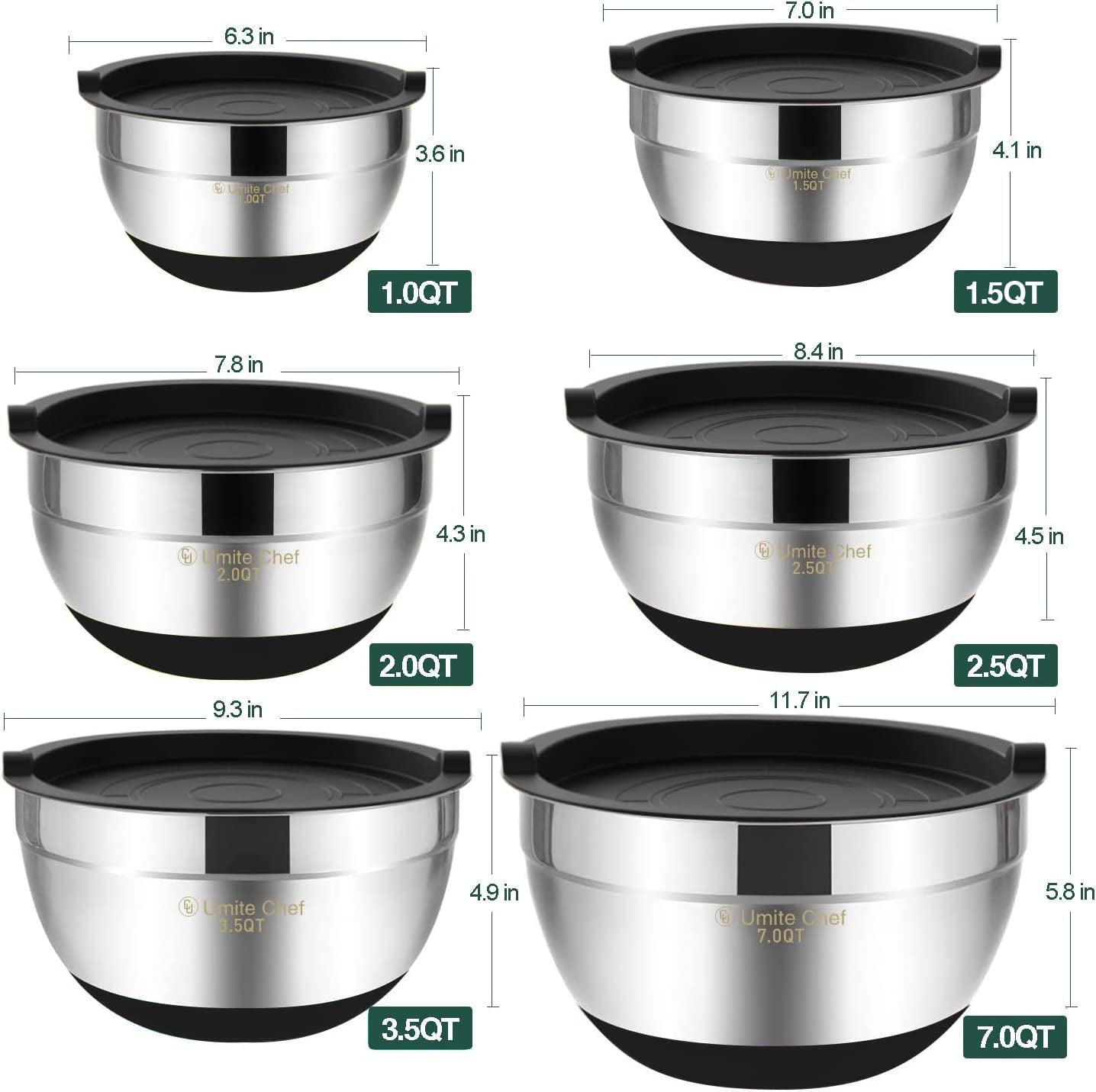 Umite Chef 6-Piece Stainless Steel Mixing Bowls with Airtight Lids