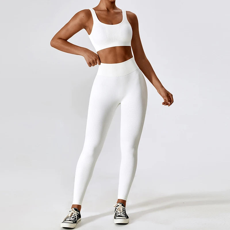 Ribbed Women Sets Fitness Suit Seamless Sportswear Sexy Gym Clothing Stripe Legging Long Sleeve Sport Outfits Woman Tracksuit
