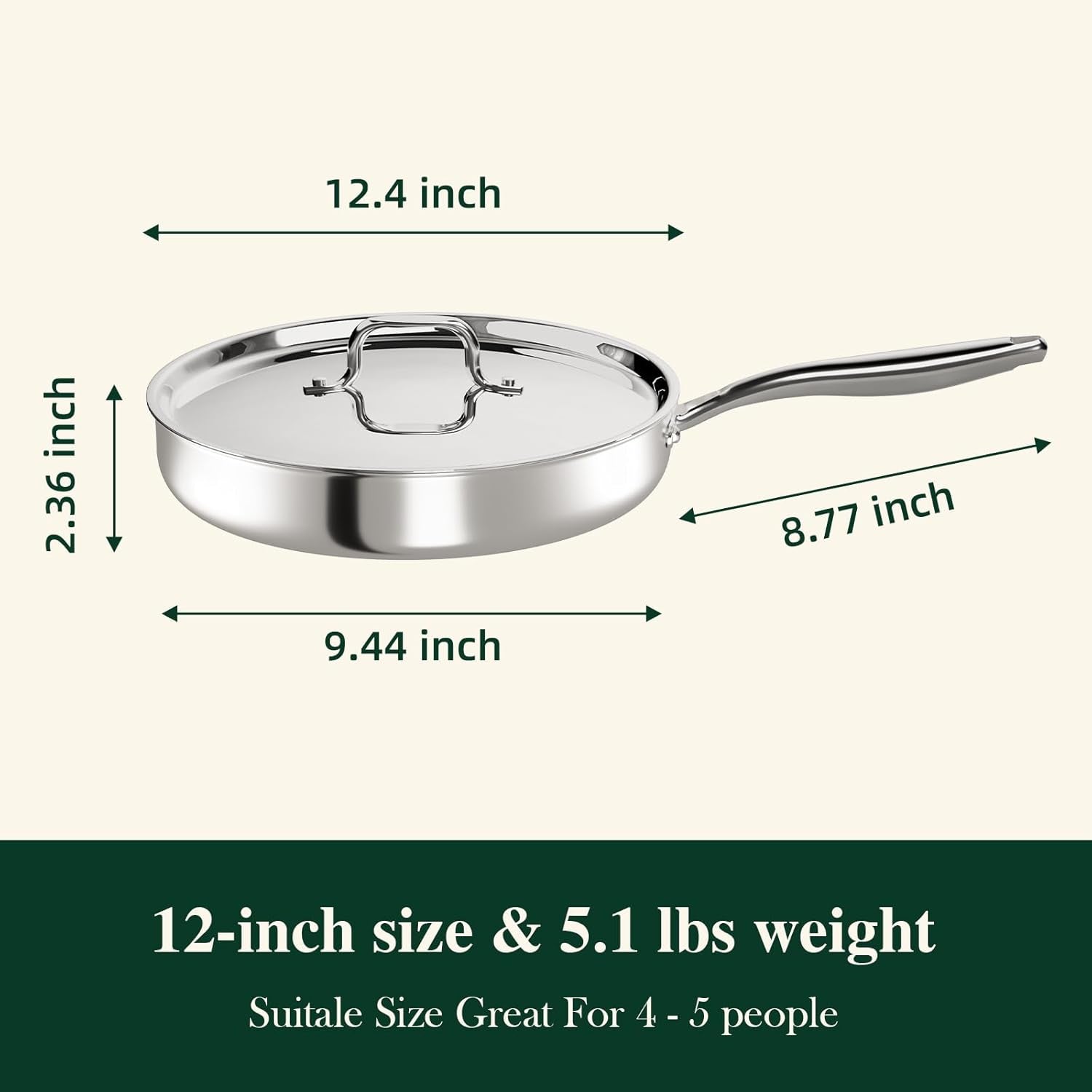 12 Inch Tri-Ply Stainless Steel Frying Pan with Lid, Induction Cooking Pans, Dishwasher & Oven Broiler Safe 600F