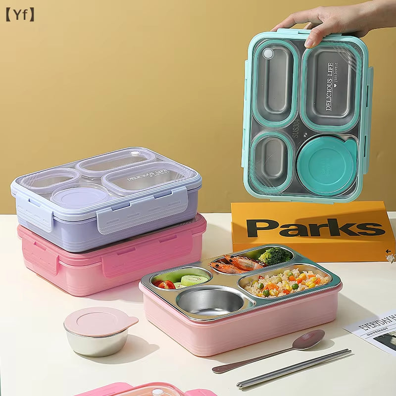 Square 4-Compartment Meal Box Large Capacity Stainless Steel Lunch Box with Soup Container for Students and Office Workers
