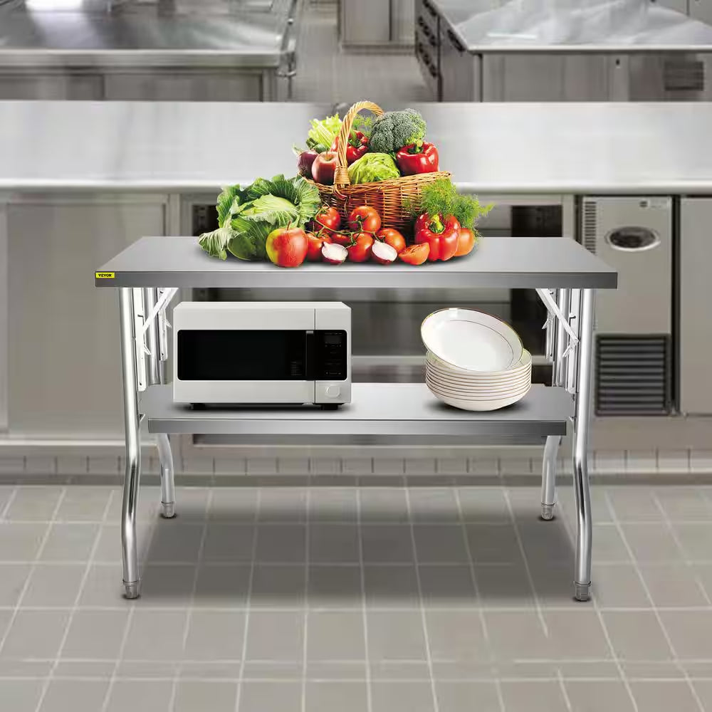 Commercial Worktable Workstation 48 X 30 In. Double-Shelf Folding Stainless Steel Kitchen Utility Table
