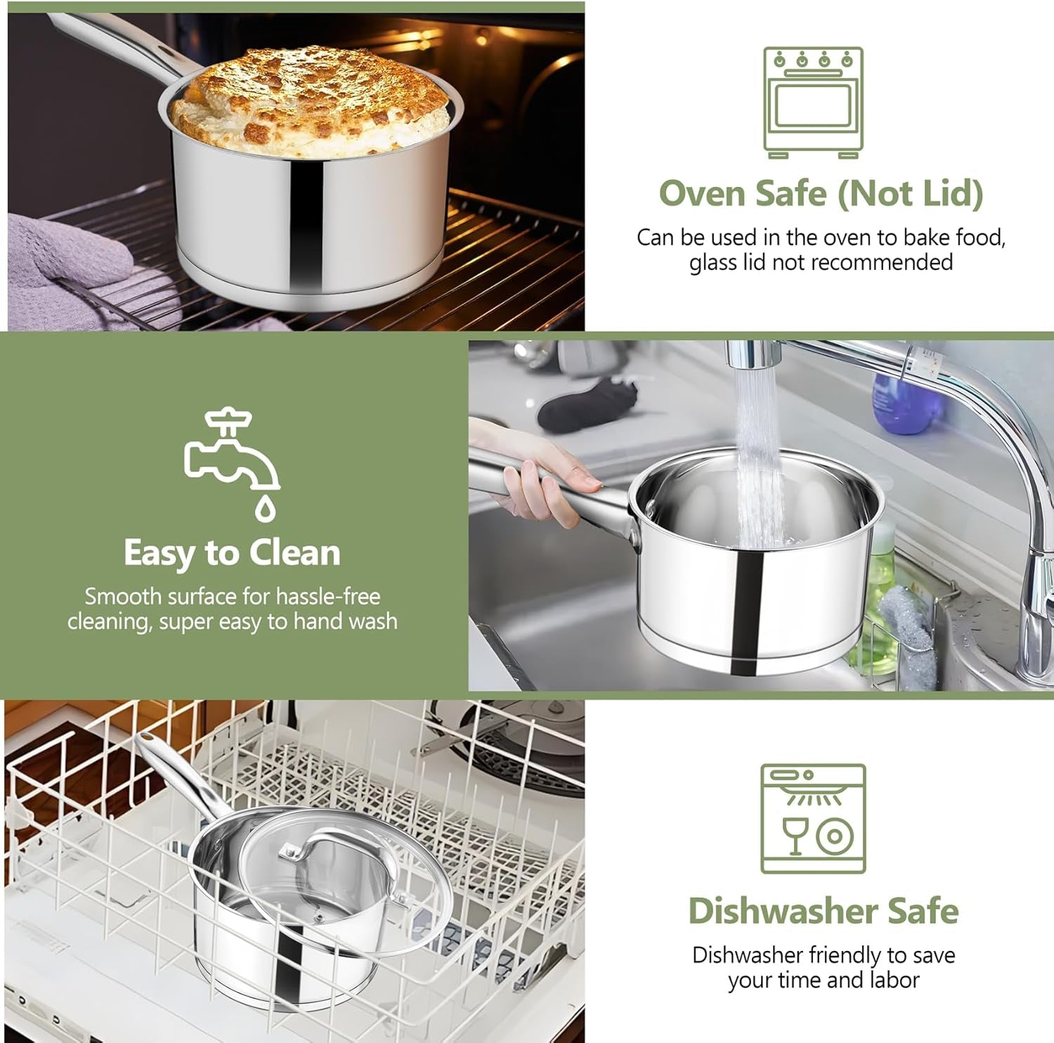 2 Qt Stainless Steel Saucepan with Lid, Tri-Ply Bottom for Induction/Gas/Electric/Ceramic, Dishwasher Safe