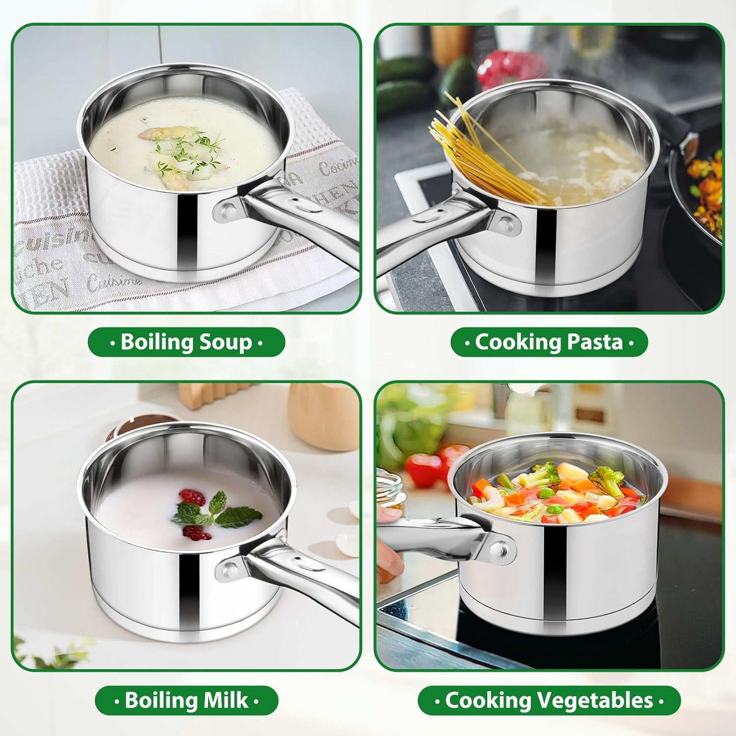 2 Qt Stainless Steel Saucepan with Lid, Tri-Ply Bottom for Induction/Gas/Electric/Ceramic, Dishwasher Safe