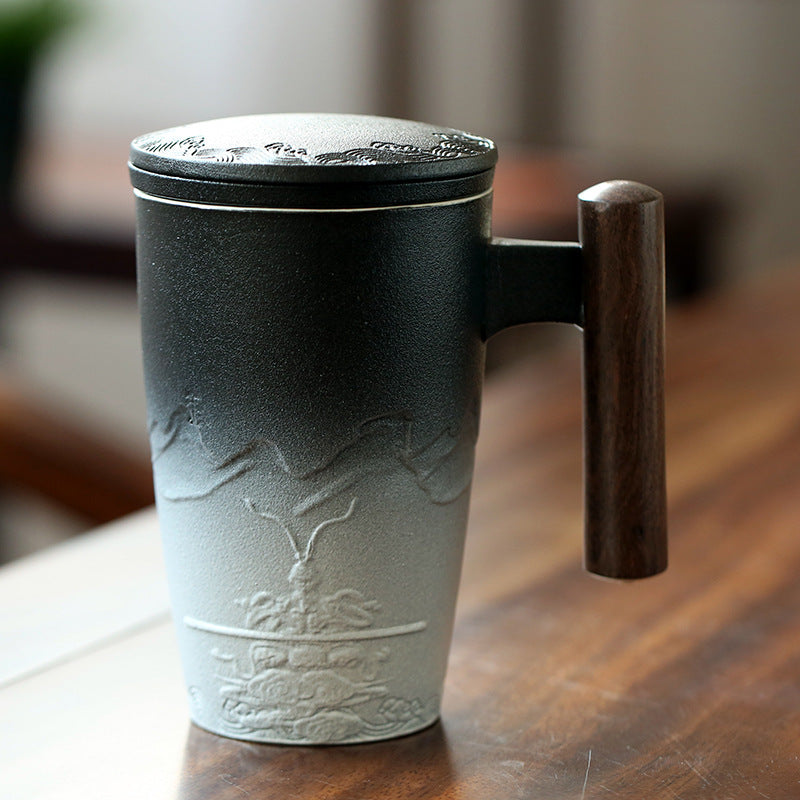 Hand-Crafted Nepal-Style Ceramic Mug with Wooden Handle and Lid