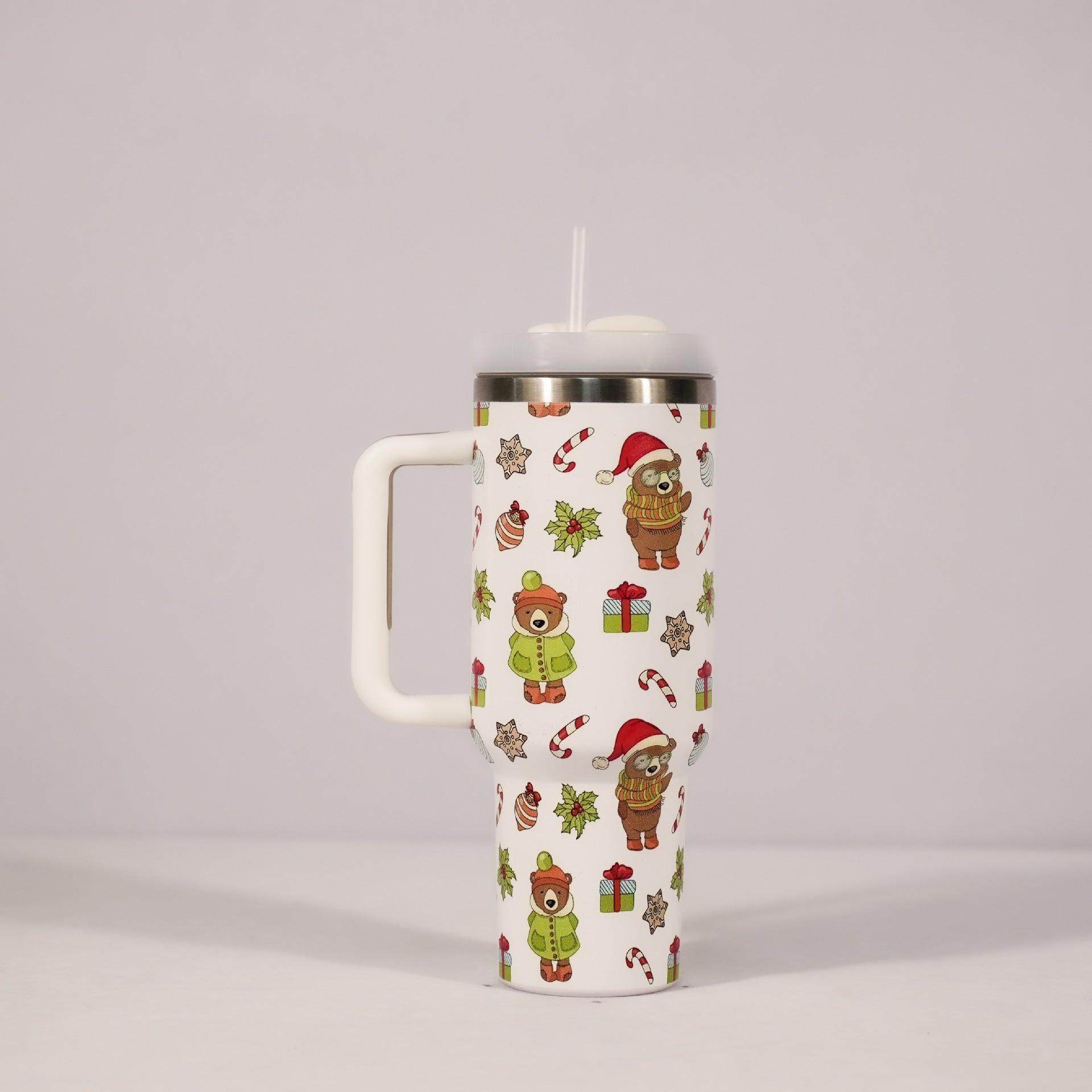 Christmas Stainless Steel Tumbler with Handle, Lid & Straw