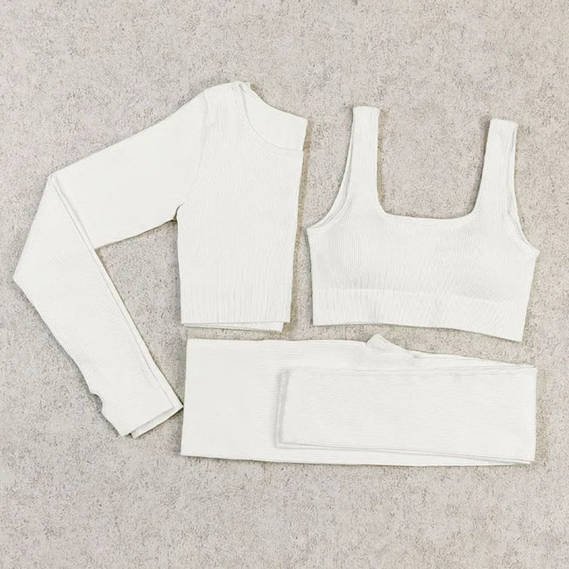 Ribbed Women Sets Fitness Suit Seamless Sportswear Sexy Gym Clothing Stripe Legging Long Sleeve Sport Outfits Woman Tracksuit