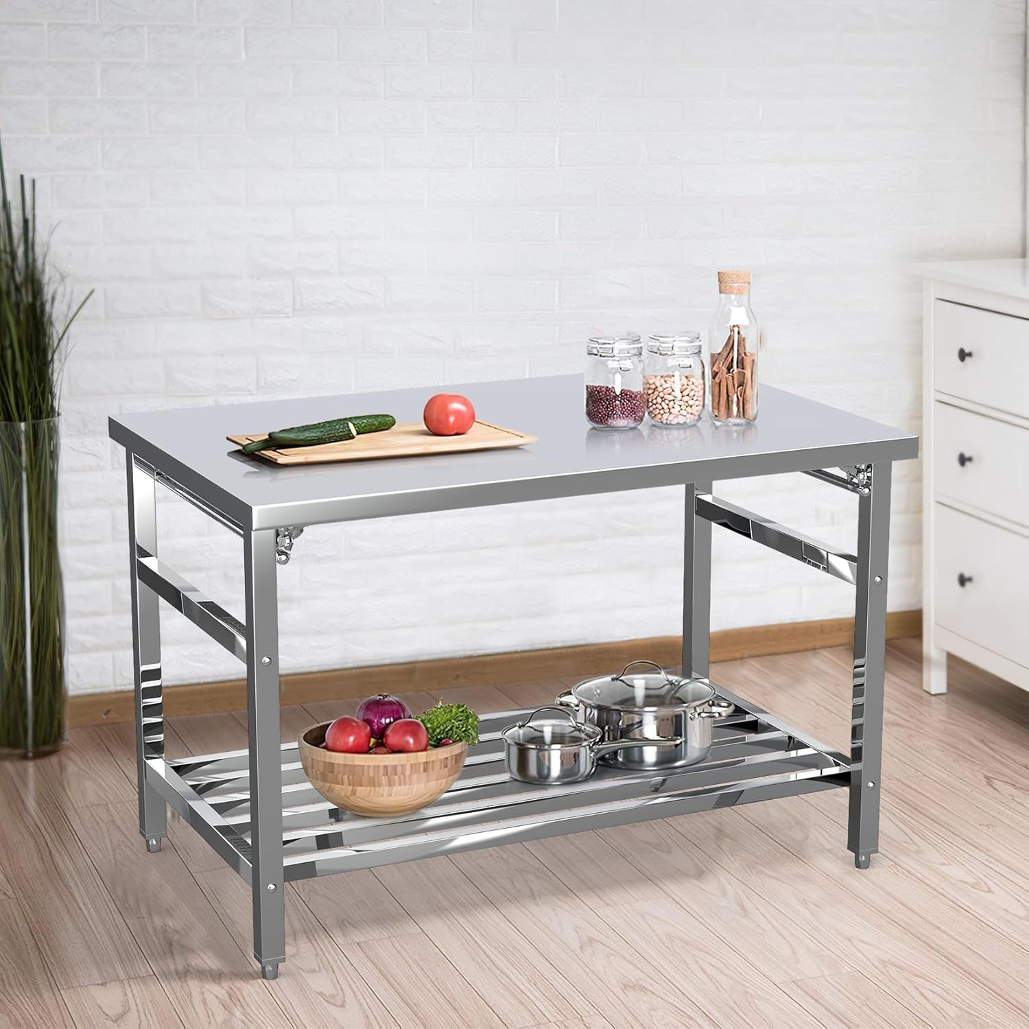48 X 30 Inch Stainless Steel Heavy-Duty Folding Table with Undershelf for Prep & Work, NSF Certified