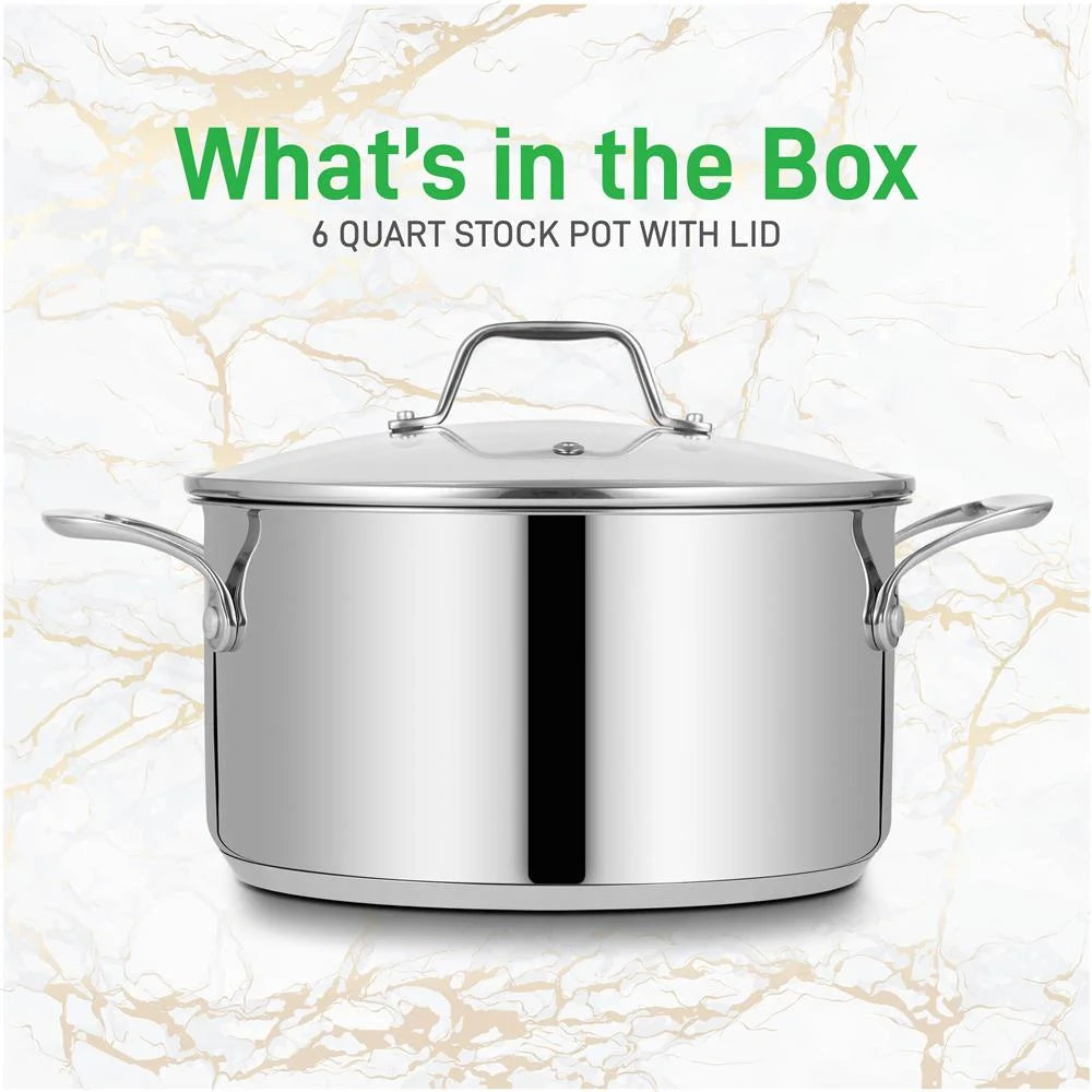 6-Quart Stainless Steel Stock Pot - 18/8 Food Grade Steel Heavy Duty Induction