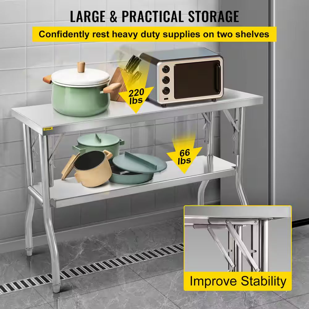 Commercial Worktable Workstation 48 X 24 In. Double-Shelf Stainless Steel Kitchen Utility Table