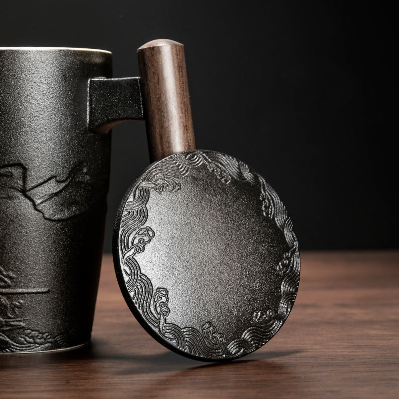 Hand-Crafted Nepal-Style Ceramic Mug with Wooden Handle and Lid