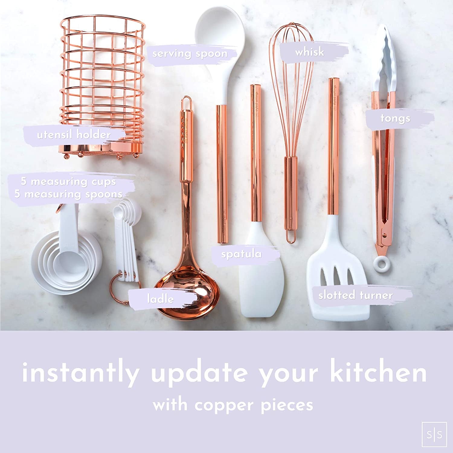 17-Piece White & Copper Kitchen Utensil Set with Holder