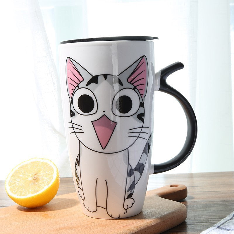 600ml Cute Cat Ceramic Mug with Lid – Large Capacity Coffee & Tea Cup