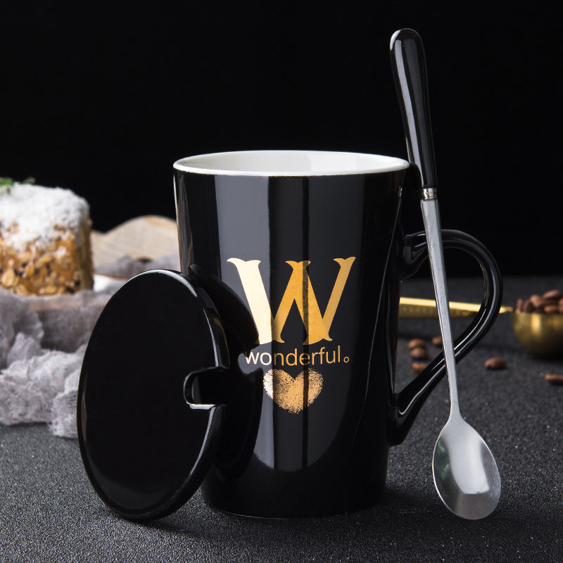 Elegant Black and Gold Ceramic Mug with Lid and Spoon