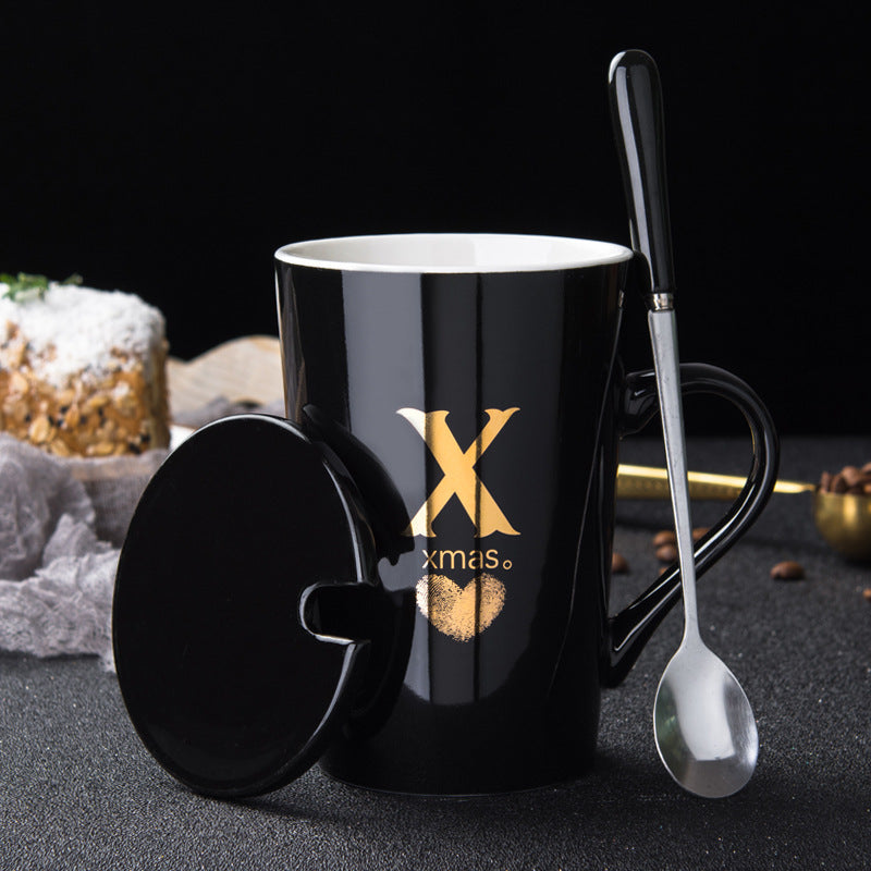 Elegant Black and Gold Ceramic Mug with Lid and Spoon
