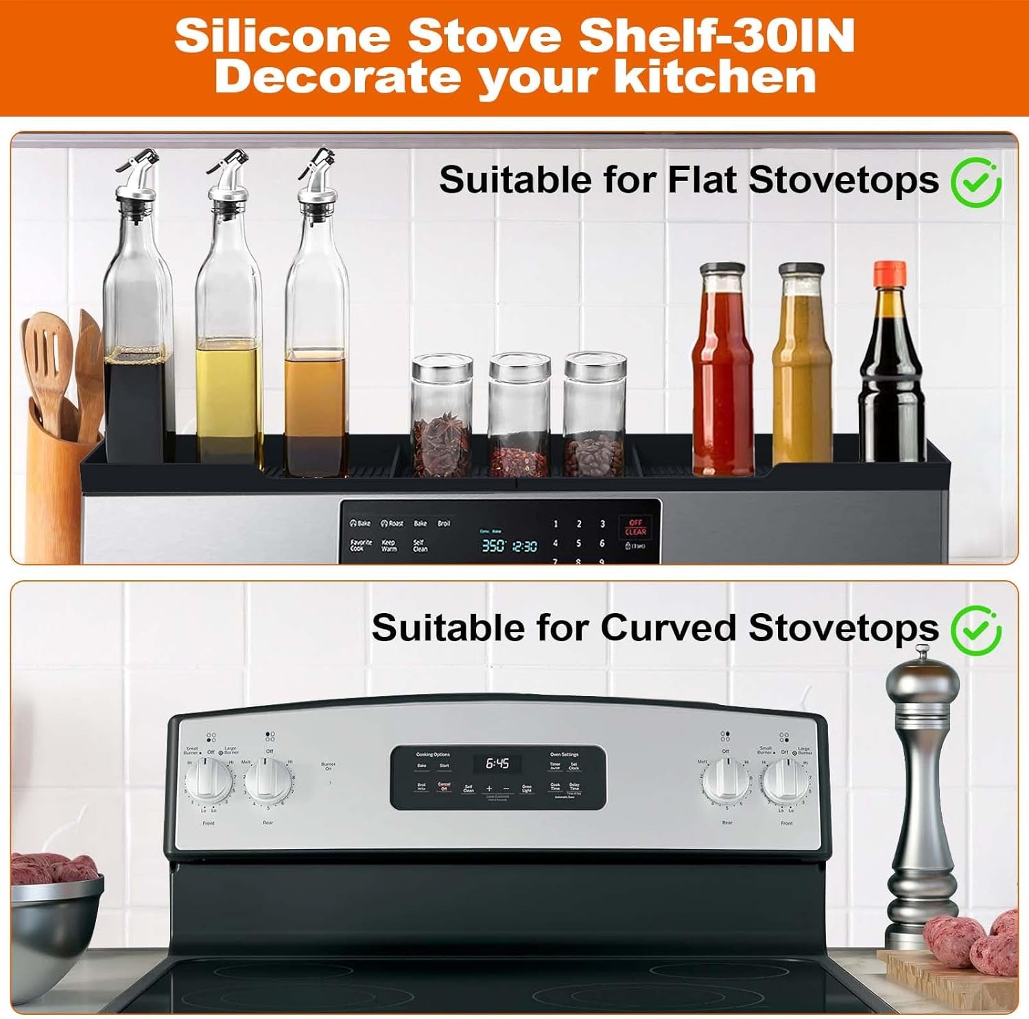 Stove Top Shelf 30 Inch - Silicone Material Magnetic Shelf for Stove - 3 Functional Partitions Kitchen Spice Rack Organizer