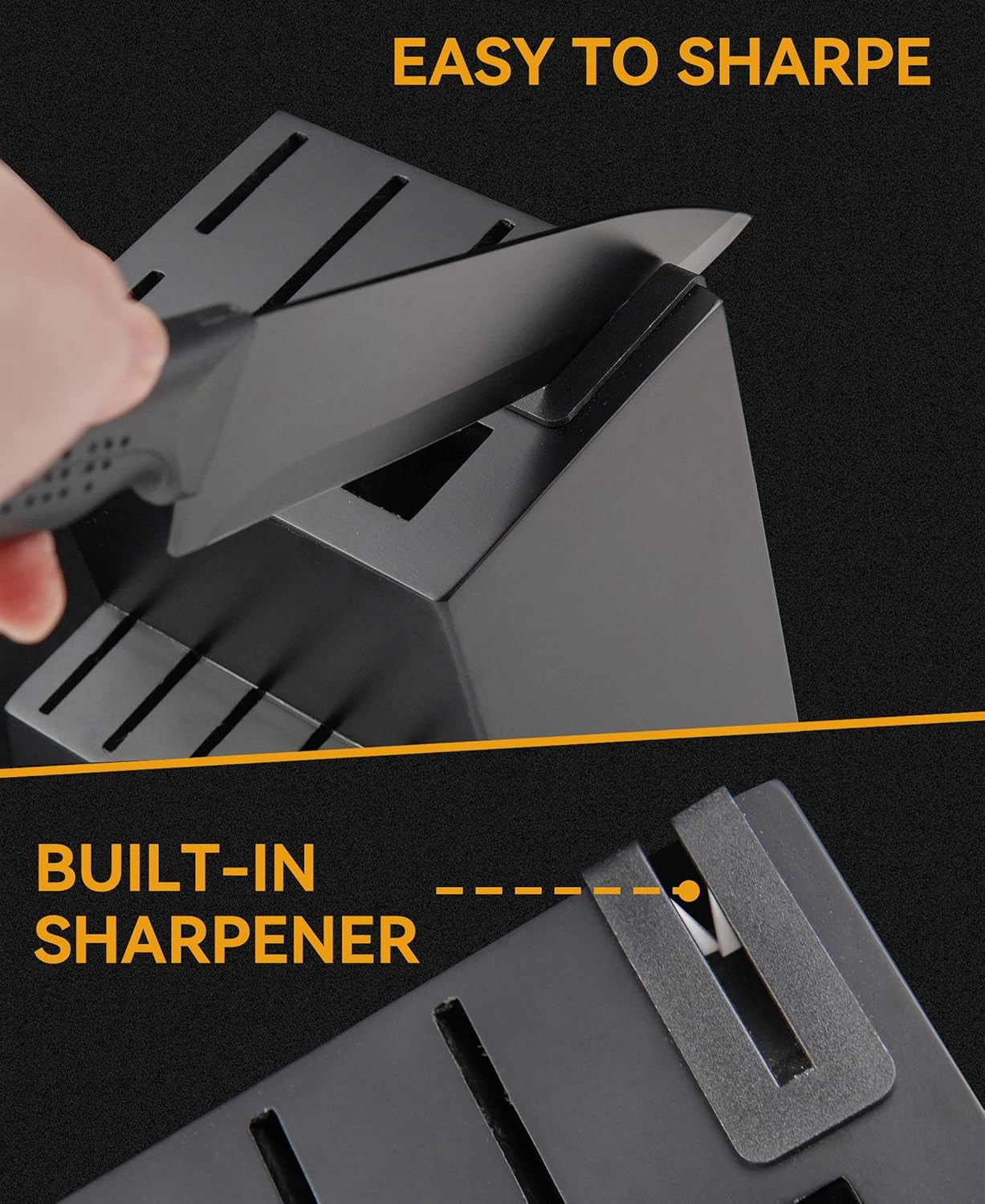 Knife Set, 15 Pcs Kitchen Knife Set with Block Self Sharpening, Dishwasher Safe, 6 Steak Knives, Anti-Slip Handle, Black