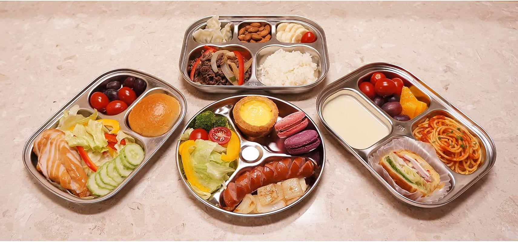 Korean 3 Compartment Stainless Steel Divided Plates, BPA Free, Set of 2