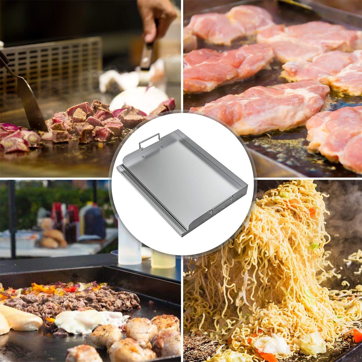 Universal Stainless Steel Griddle Flat Top Plate with Even Heating Bracing for BBQ Charcoal/Gas Grills, 17" X 13"