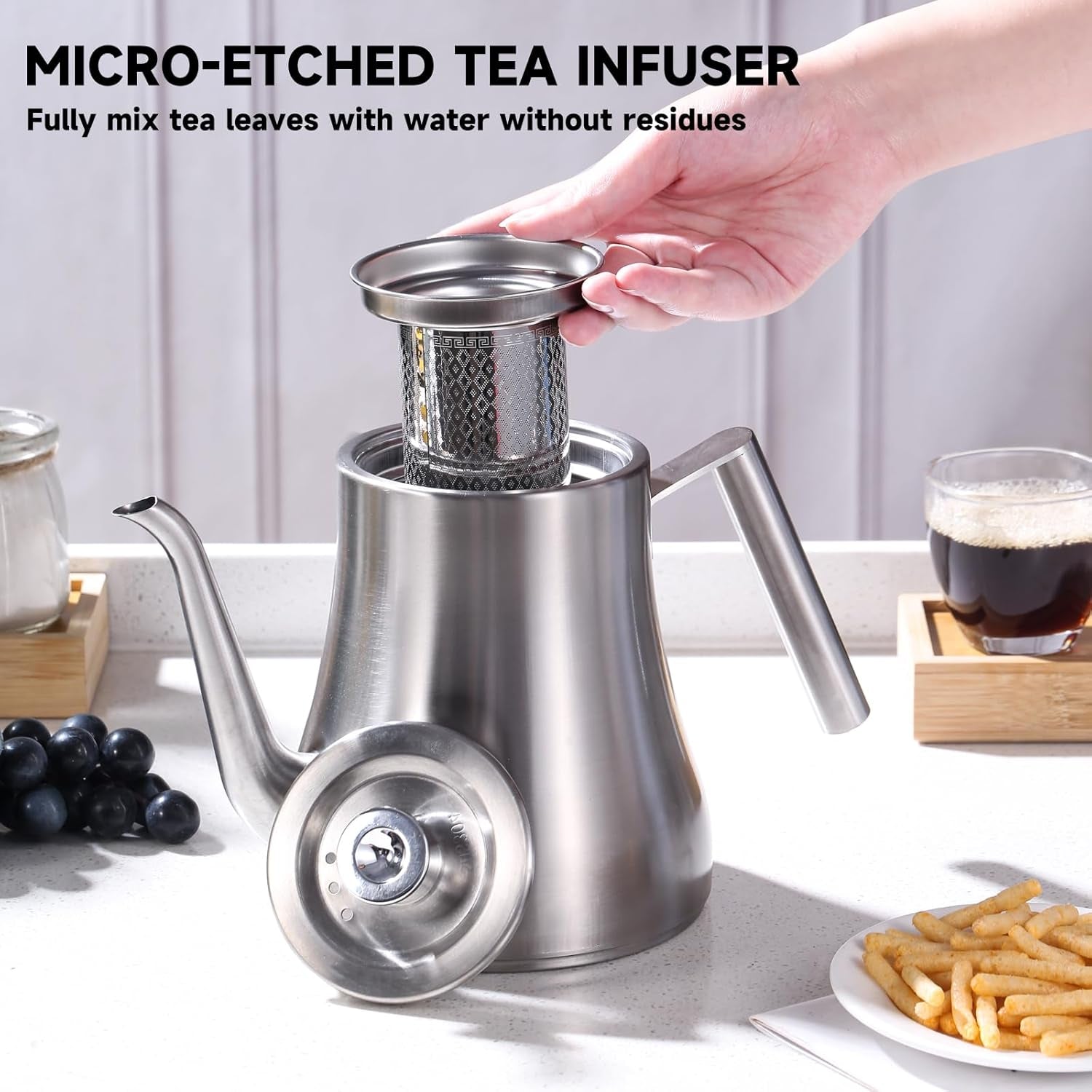 68 oz. Stainless Steel Teapot with Removable Infuser, Stovetop Safe Tea Maker Water Kettle for Loose Leaf & Tea Bags, Silver