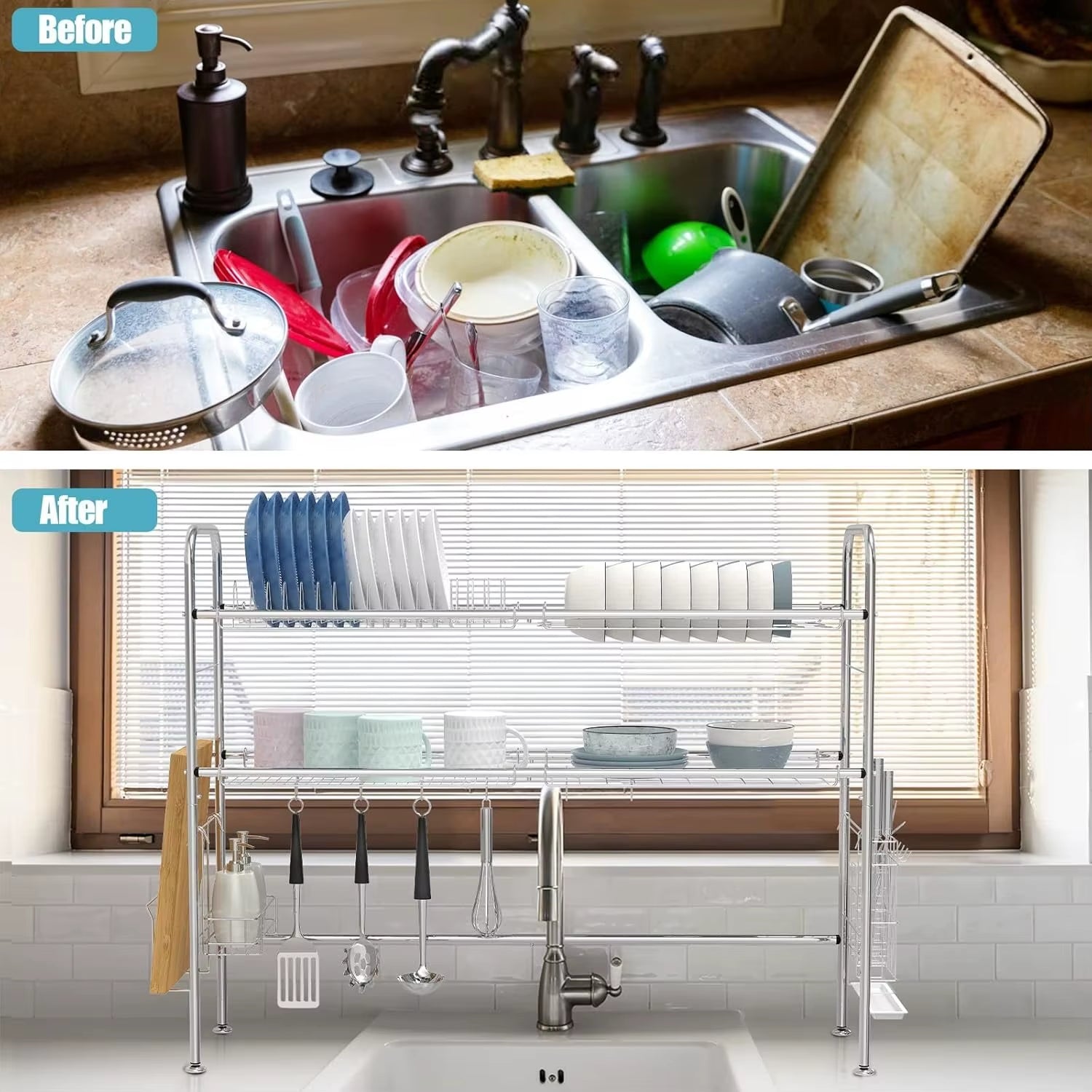 Adjustable over Sink Dish Rack 2-Tier Stainless Steel - Kitchen Drainer W/Utensil & Chopstick Holder, Silver Storage Organizer