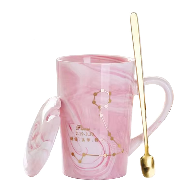 380ML Natural Marble 12 Constellation Ceramic Pink Zodiac Mug with Lid