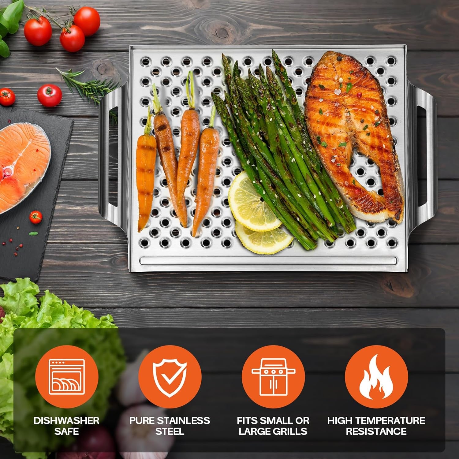 Stainless Steel Nonstick Grill Topper Grid BBQ Tray with Perforated Bottom and Handles