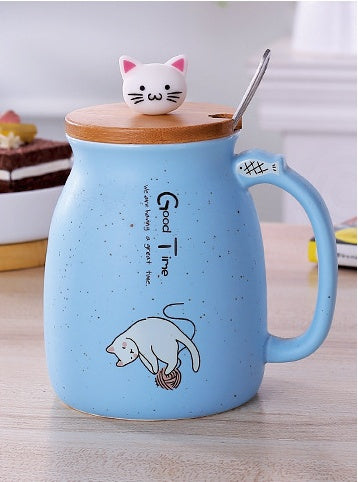 450ml Cartoon Cat Ceramic Mug with Lid & Spoon – Coffee, Tea, Breakfast Cup