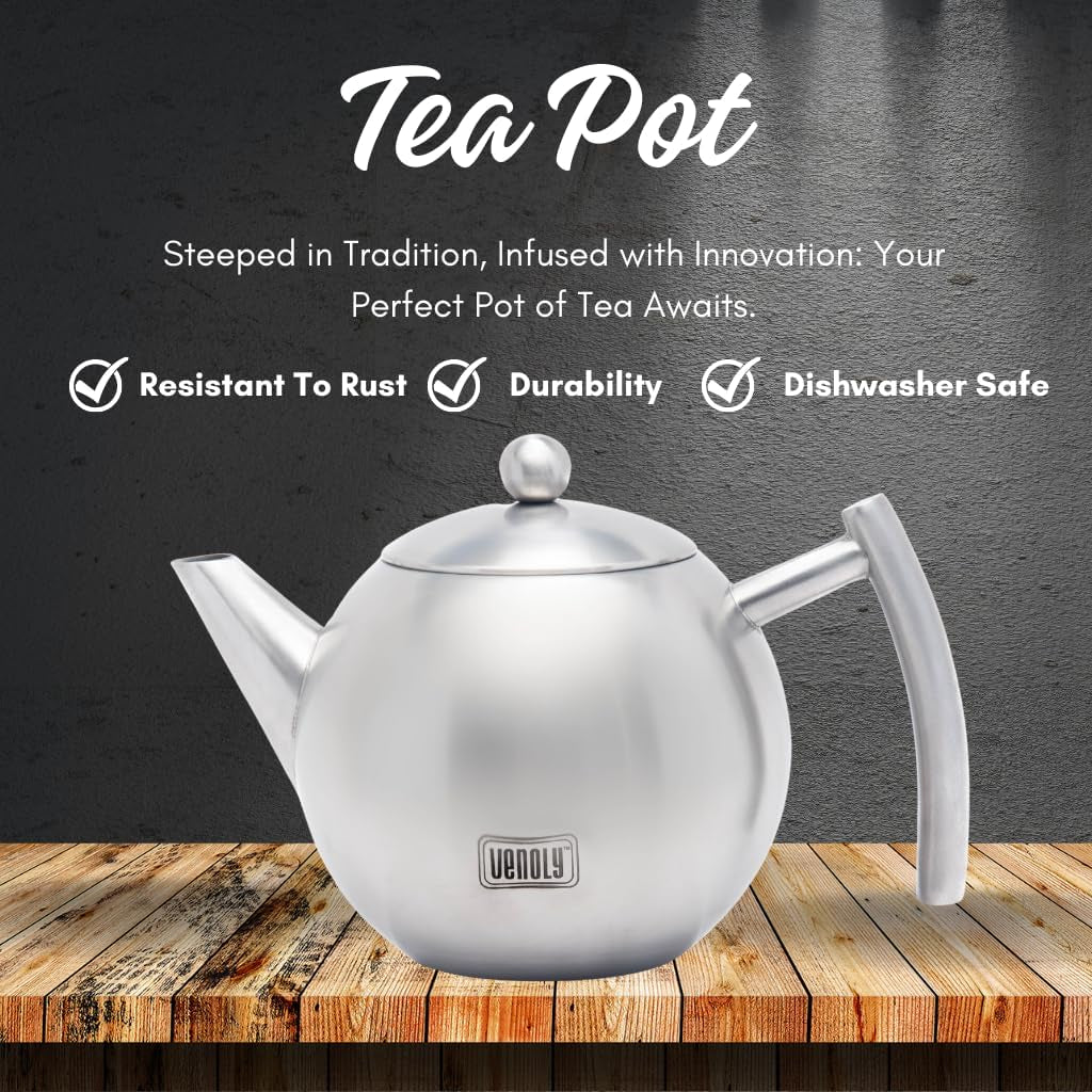 Stainless Steel Tea Pot with Removable Infuser for Loose Leaf and Tea Bags, Dishwasher Safe and Heat Resistant (Silver, 1.5 Liter)