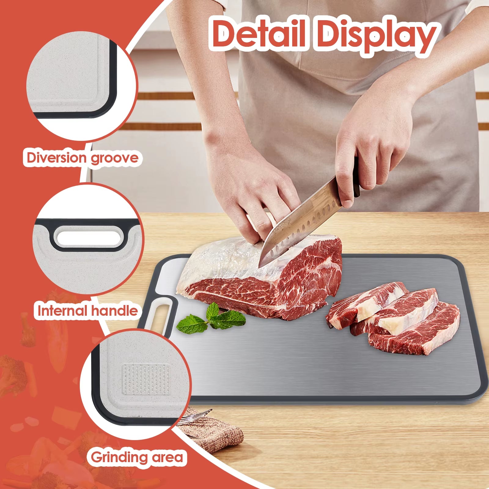 Double Sided Cutting Board Kitchen Chopping Board Sturdy Stainless Steel and PP Cutting Board for Cutting Meat and Vegetables