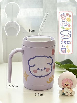 Cartoon Animal Glass Tumbler with Handle and Measurement Markings