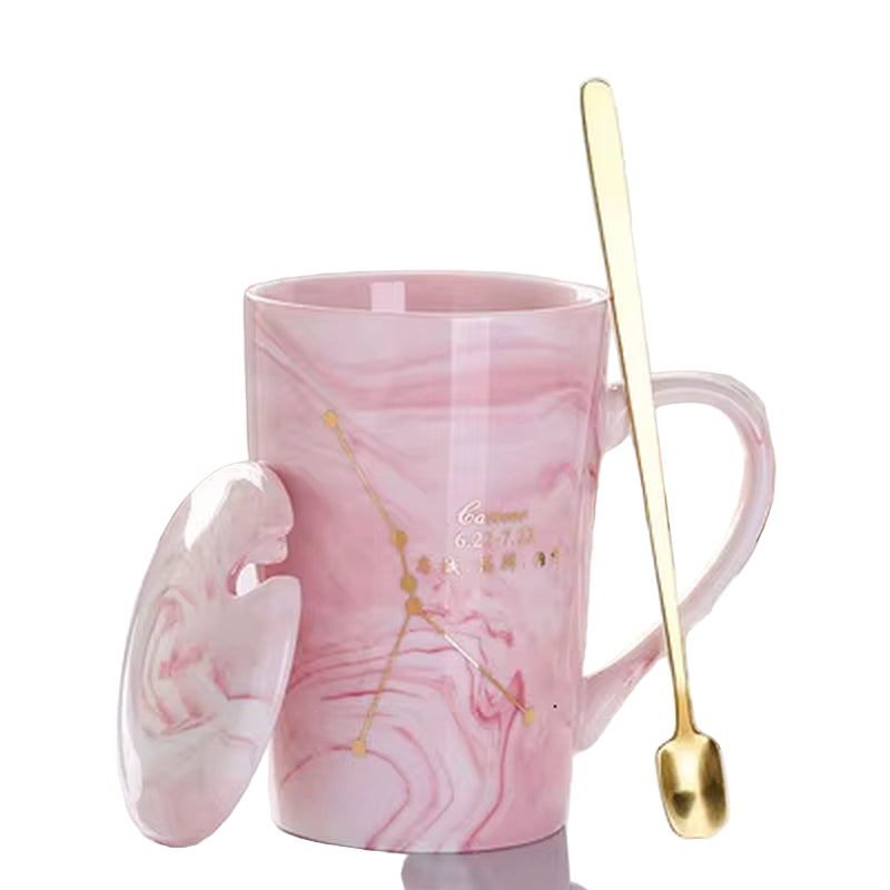 380ML Natural Marble 12 Constellation Ceramic Pink Zodiac Mug with Lid