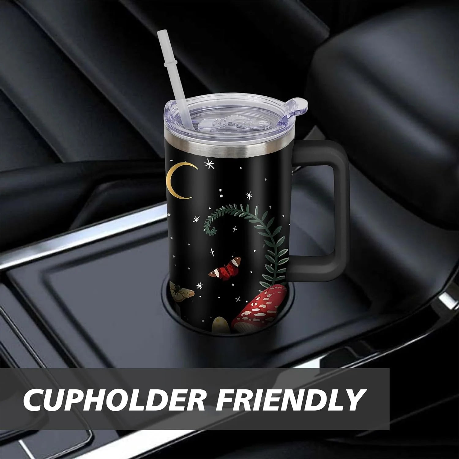 Mushroom 40 Oz Tumbler with Handle and Straw, Double Wall Vacuum Insulated Stainless Steel, 100% Leak-Proof Water Bottle, Travel Mug Coffee Cup