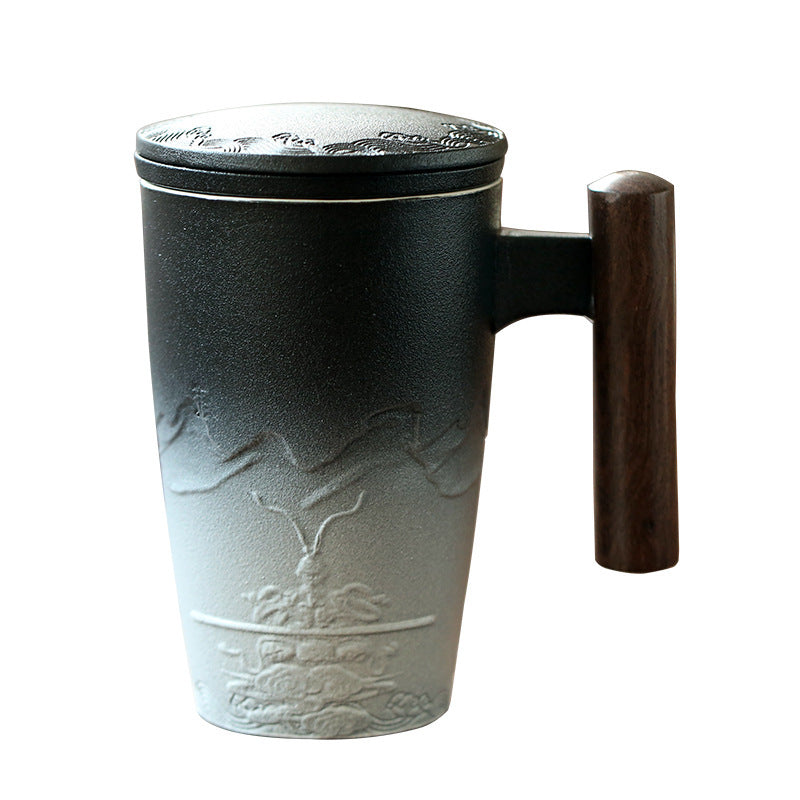 Hand-Crafted Nepal-Style Ceramic Mug with Wooden Handle and Lid