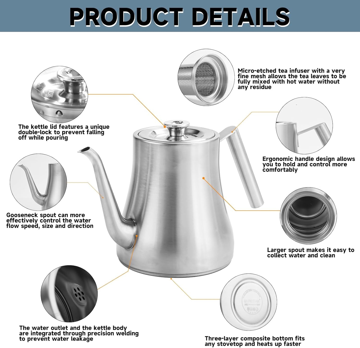 68 oz. Stainless Steel Teapot with Removable Infuser, Stovetop Safe Tea Maker Water Kettle for Loose Leaf & Tea Bags, Silver