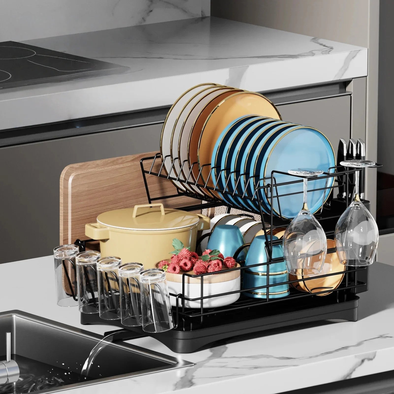 Space Saving 2 Tier Stainless Steel Dish Racks Organizer, Rust Resistant Dish Strainers - Black