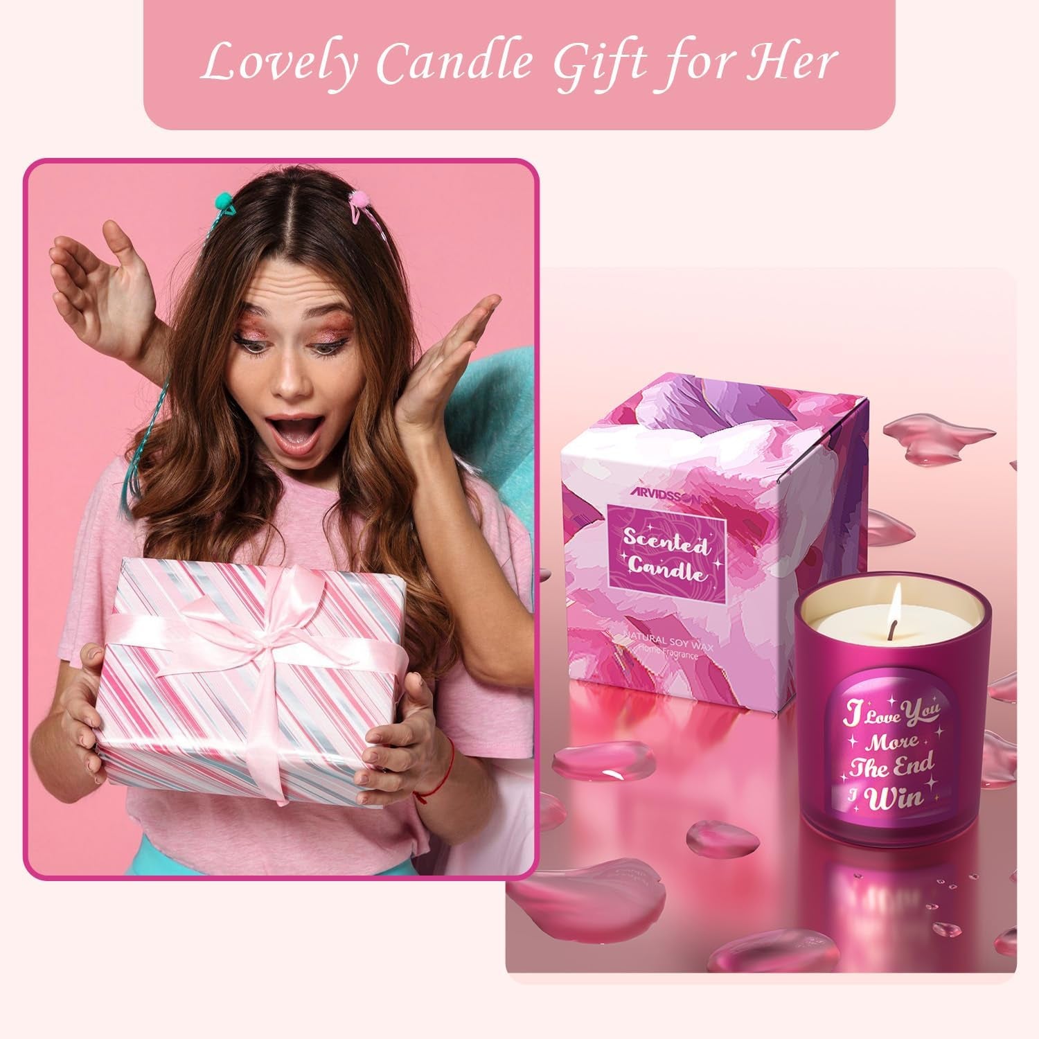 Scented Candles Gift for Women, Unique Birthday Gifts for Her, 100% Natural Soy Candle, Aromatherapy Candle for Girlfriend, Wife, Rose & Sandalwood Scented Candle, 10 Oz