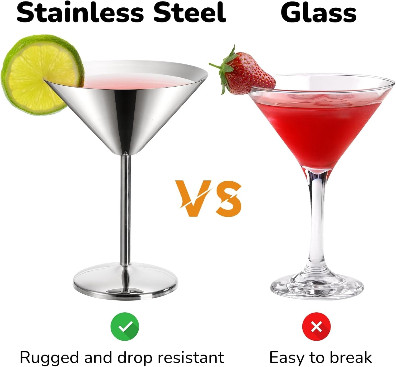 8 Oz Stainless Steel Martini Glasses, 4 Pack , 18/8 Mirror Polished Finish, Shatterproof