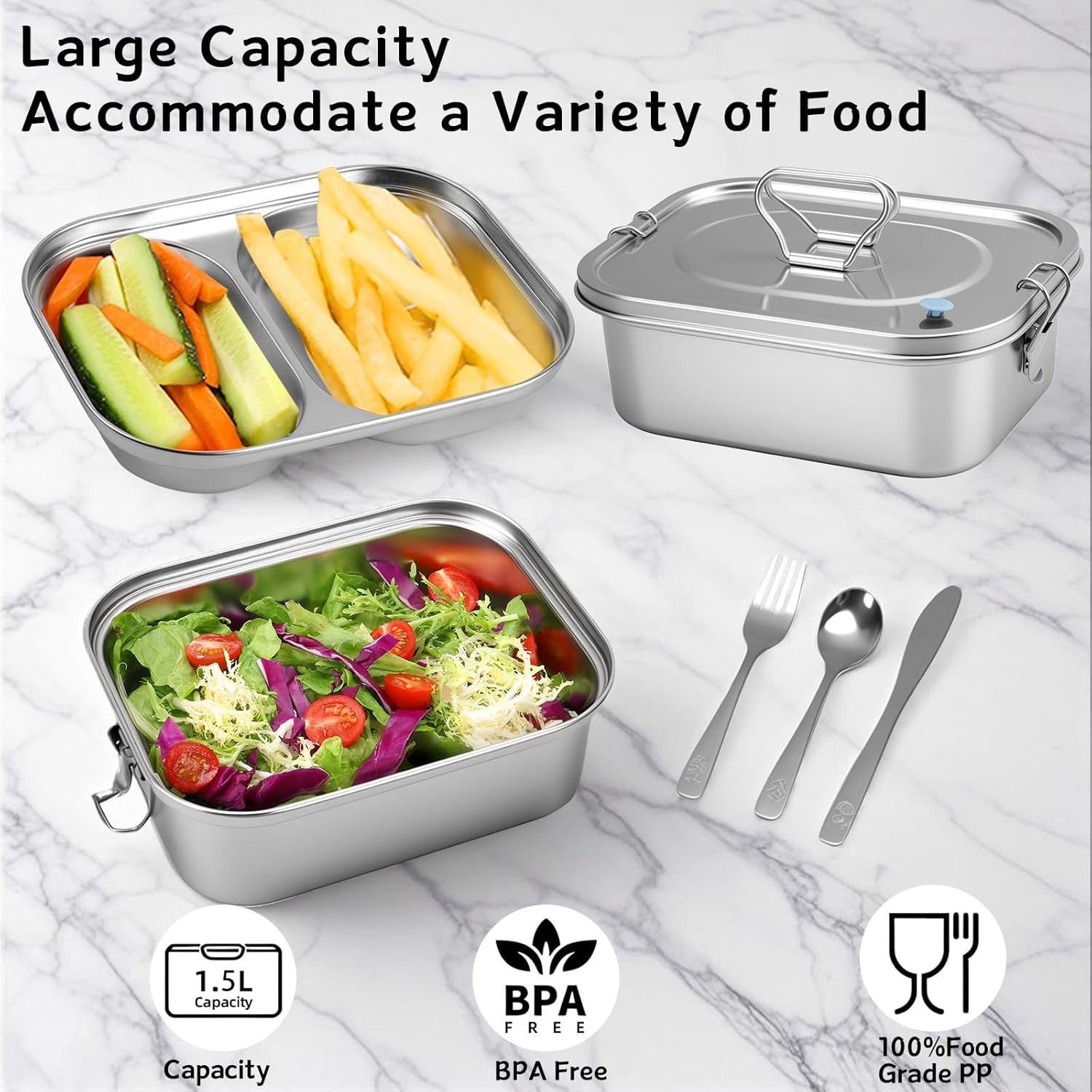 1500ML 2-Compartment Tray Stainless Steel Bento Box Leakproof with Airtight Valve Handle, Including Utensil Set (Fork/Knife/Chopsticks)